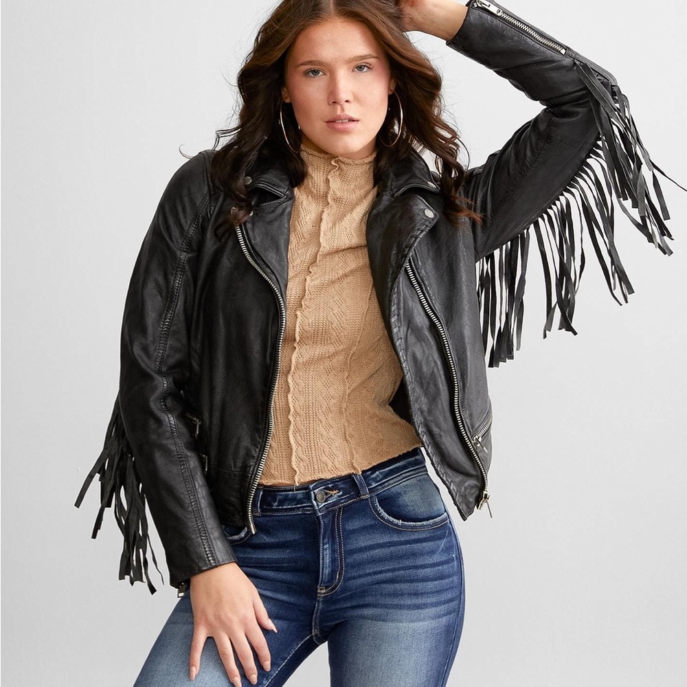 Mauritius (purchased online from Free People) Black Leather Zoey Fringe Jacket - Picture 14 of 14